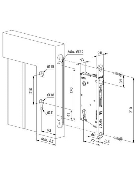 Serrure tout inox à encastrer Eightylock - axe à 60 mm - LOCINOX