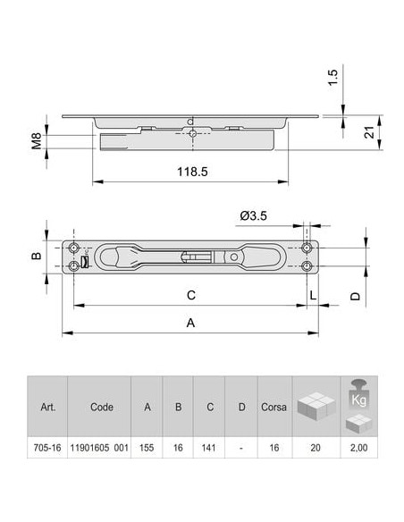 Verrou pour menuiserie métallique unidirectionnel têtière 16 mm