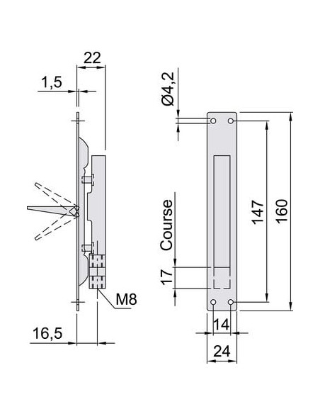 Verrou inox pour menuiserie métallique unidirectionnel têtière 24 mm