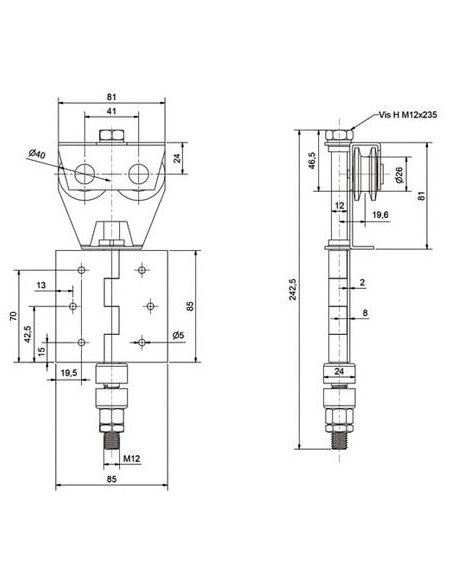 Monture à galet à déplacement latéral BOB 50 Fixation sur plat - MANTION