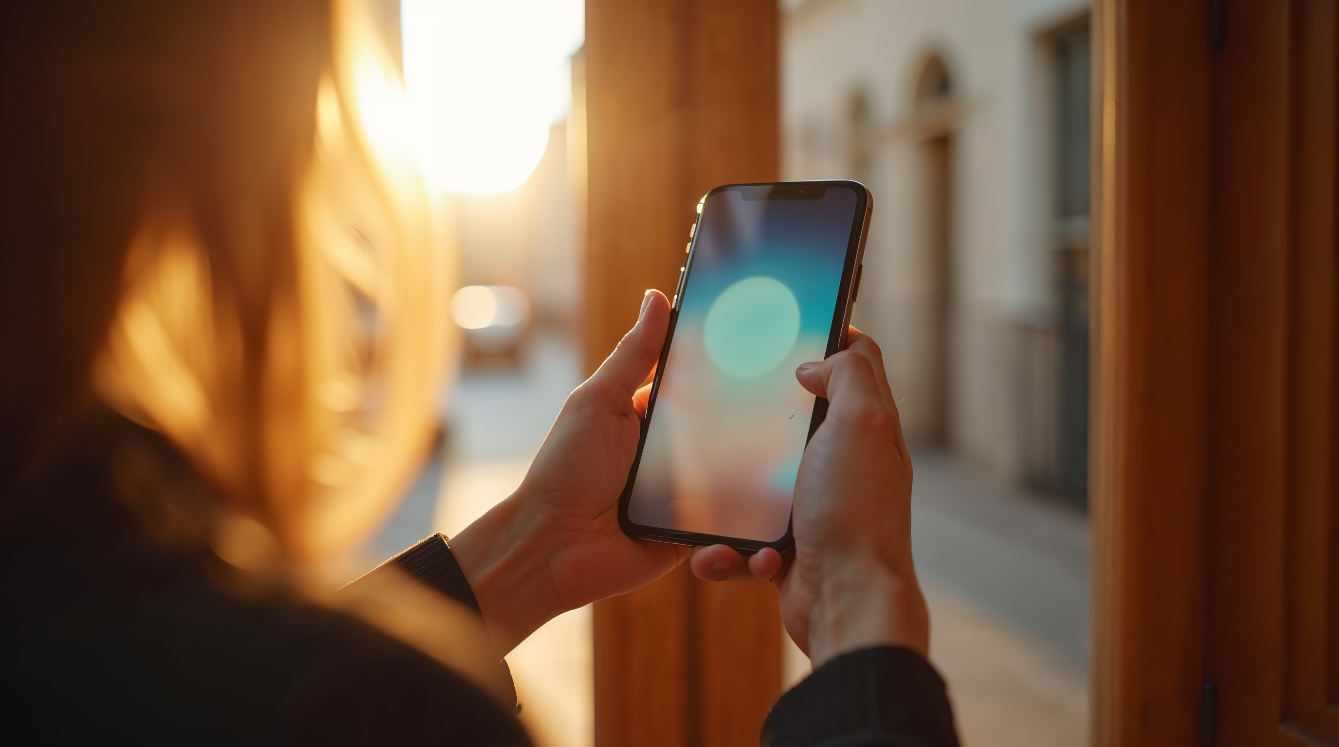 Main tenant un smartphone devant une porte d'entrée en bois, déverrouillage par application