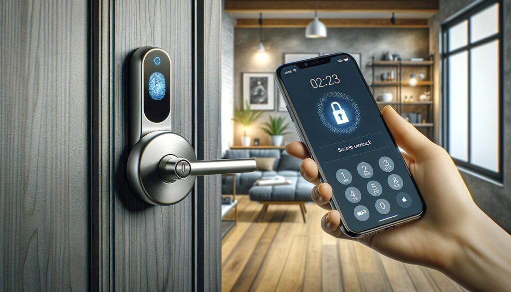 Serrure intelligente moderne installée sur une porte contemporaine, avec capteur d'empreintes digitales, clavier numérique et smartphone affichant une notification de déverrouillage réussi.